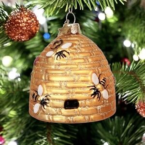 Bee Hive Ornament Christmas Gold Sparķles Flowers Gift